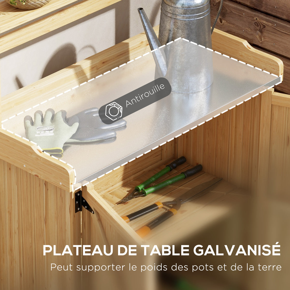 Table de rempotage table de jardinage avec placard et étagères et plateau patins antidérapants en bois sapin jaune-3