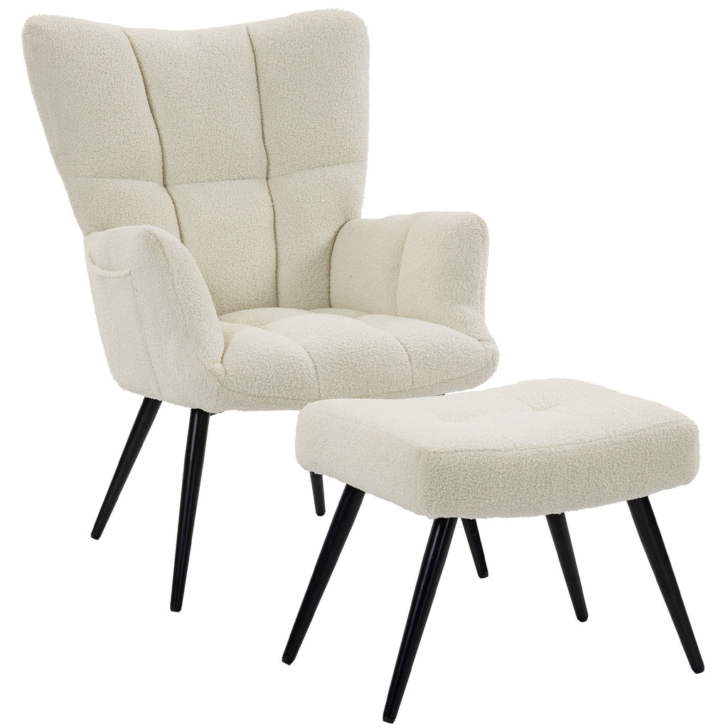 Fauteuil de Salon avec Repose-Pied, Fauteuil d'Appoint Capitonné en Peluche Teddy, Dossier Haut, Poches Latérales, Beige-0