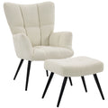 Fauteuil de Salon avec Repose-Pied, Fauteuil d'Appoint Capitonné en Peluche Teddy, Dossier Haut, Poches Latérales, Beige-0