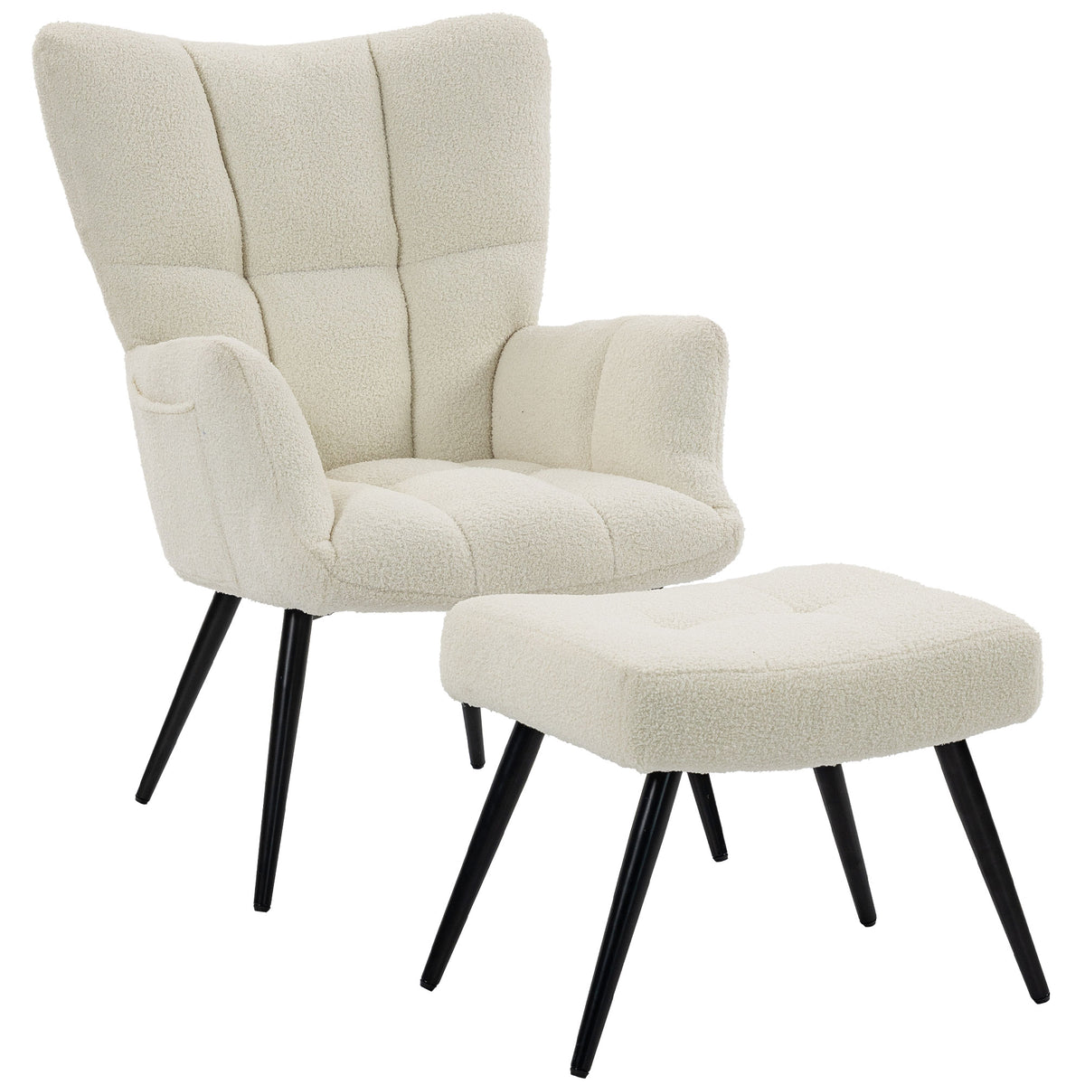 Fauteuil de Salon avec Repose-Pied, Fauteuil d'Appoint Capitonné en Peluche Teddy, Dossier Haut, Poches Latérales, Beige-0