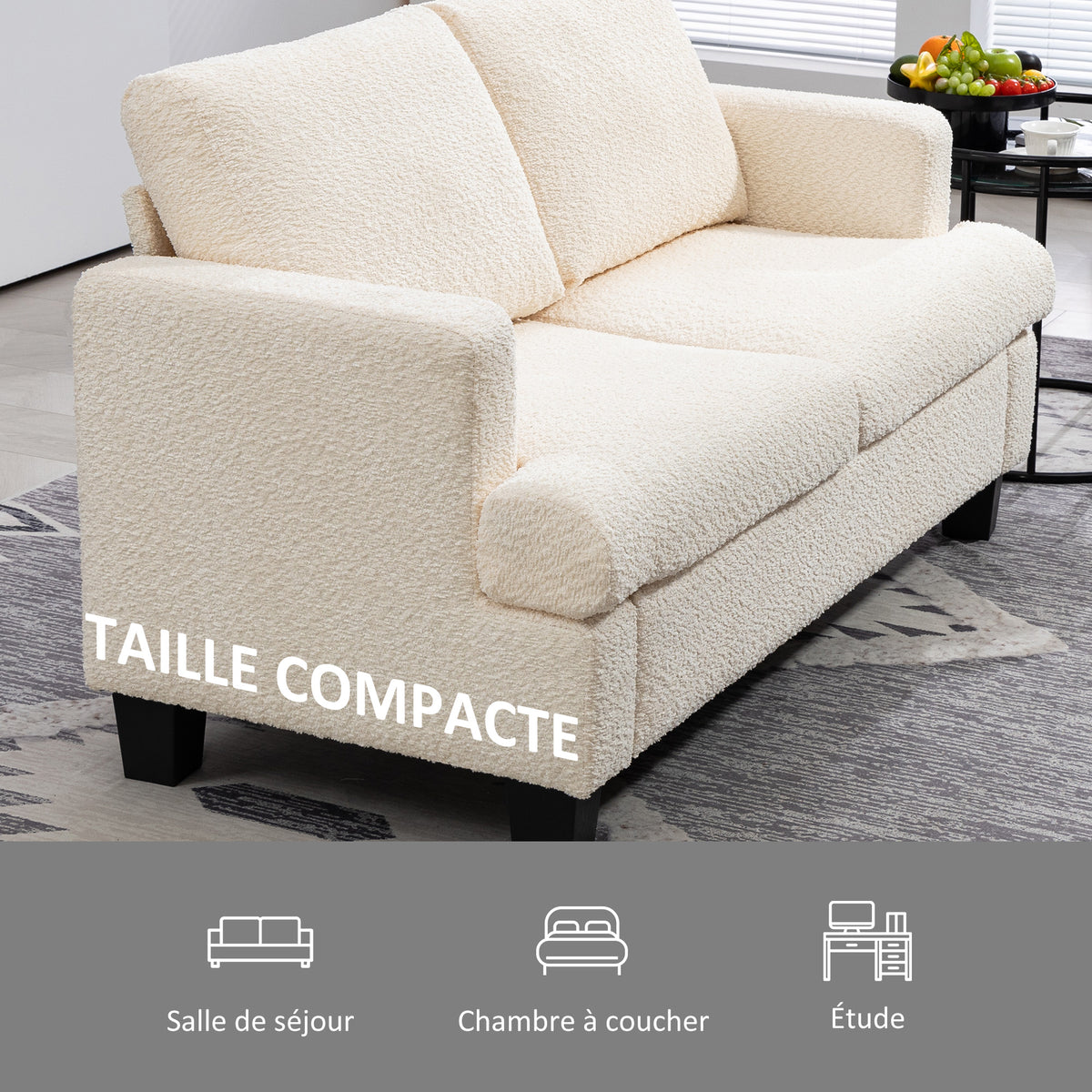 Canapé 2 places 120 cm avec coussins de dossier amovibles, tissu chenille pour salon, chambre, bureau, beige-5