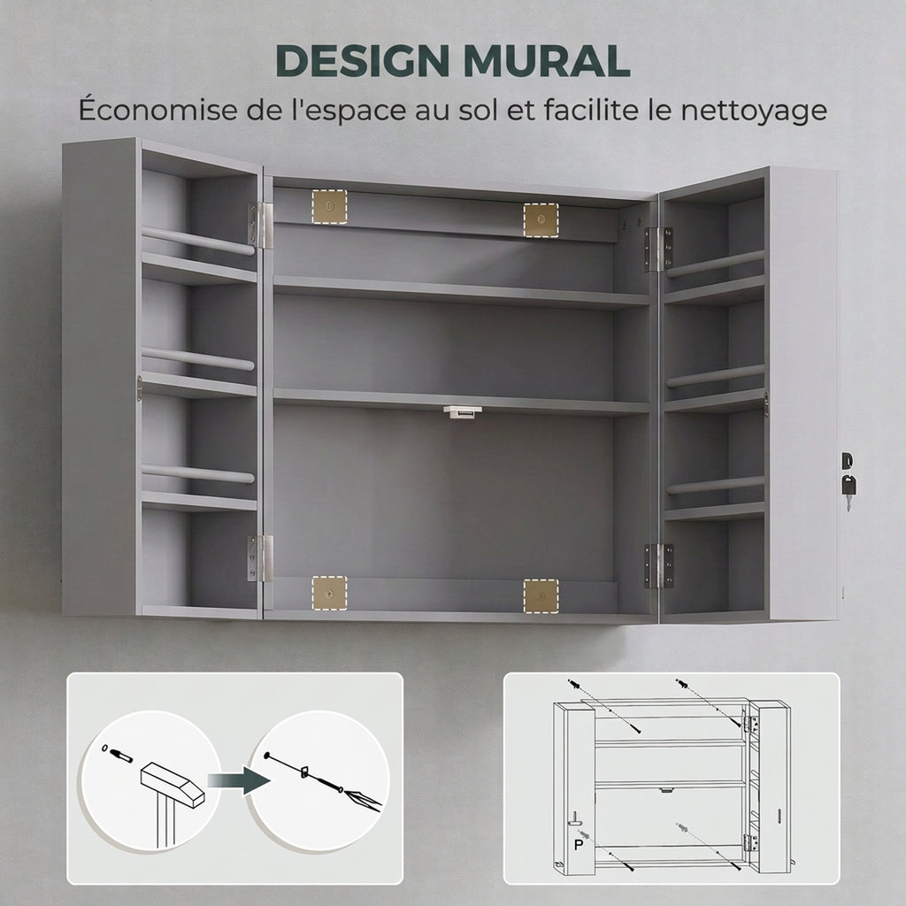 Armoire à pharmacie murale, armoire à médicaments avec double porte verrouillable 2 clés, 53x20x53cm, gris-6