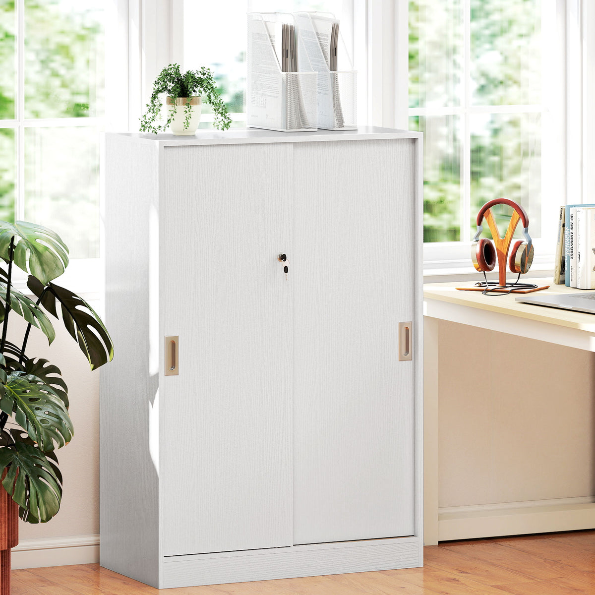 Armoire de Bureau 2 Portes coulissantes verrouillables dim. 80L x 40l x 120H cm 2 étagères en Bois Blanc-8