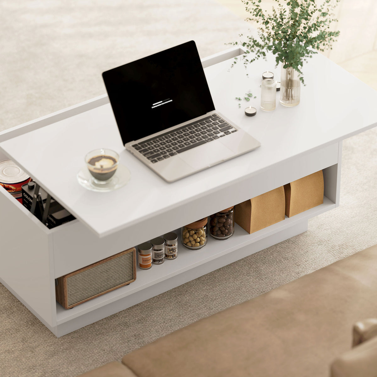 Table basse relevable, table de salon avec compartiment caché et 2 tiroirs, 100 x 50 x 44 cm, blanc-8