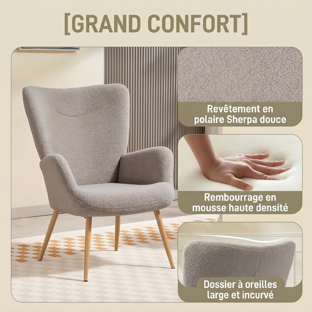 Fauteuil salon, fauteuil d'appoint rembourré en tissu bouclette avec haut dossier et accoudoirs, 71x74x97,5cm, gris-3