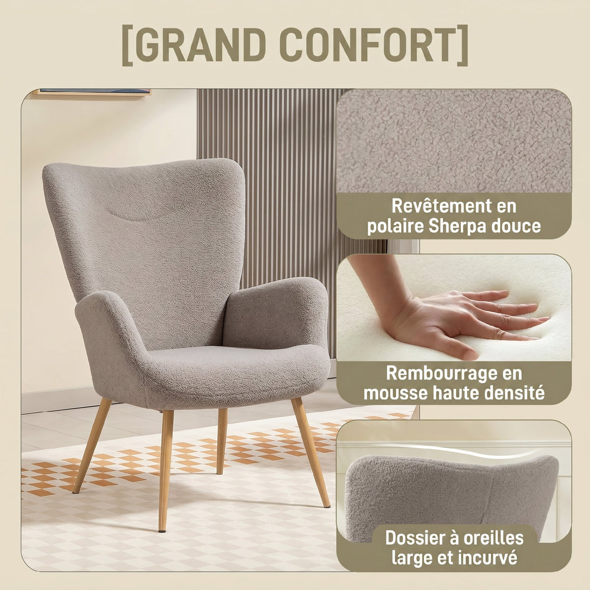 Fauteuil salon, fauteuil d'appoint rembourré en tissu bouclette avec haut dossier et accoudoirs, 71x74x97,5cm, gris-3