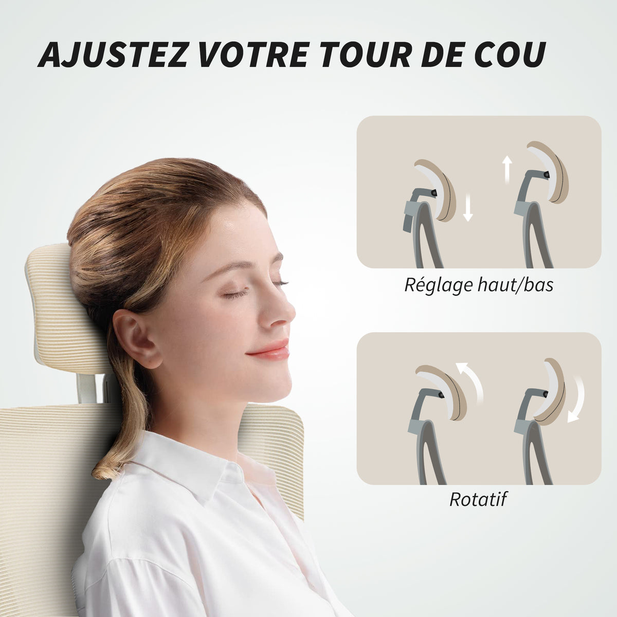 Chaise bureau ergonomique, fauteuil de bureau, accoudoirs relevables, soutien lombaire, appui-tête, 60x63x120cm, beige-5