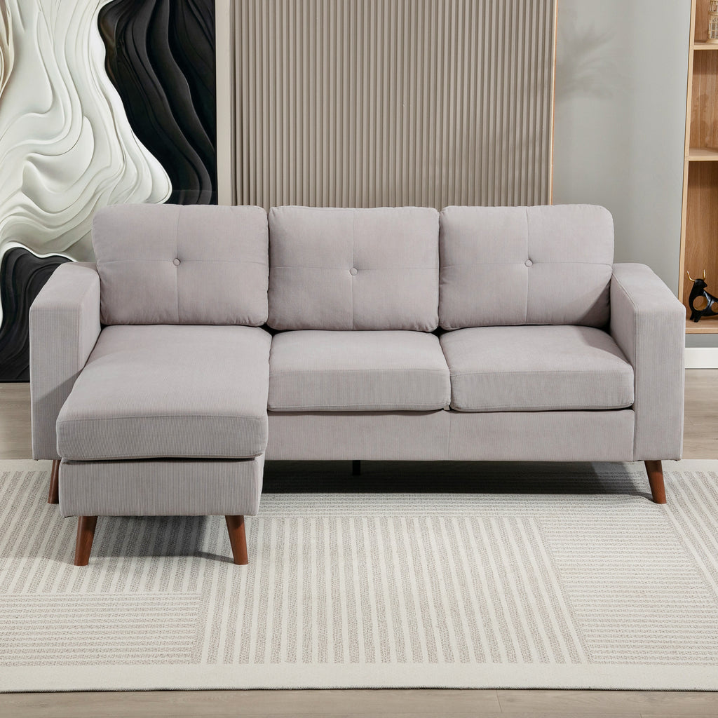 Canapé d'angle réversible en velours côtelé, canapé 3 places avec méridienne, cadre en acier, 192x137x84cm, gris clair-6