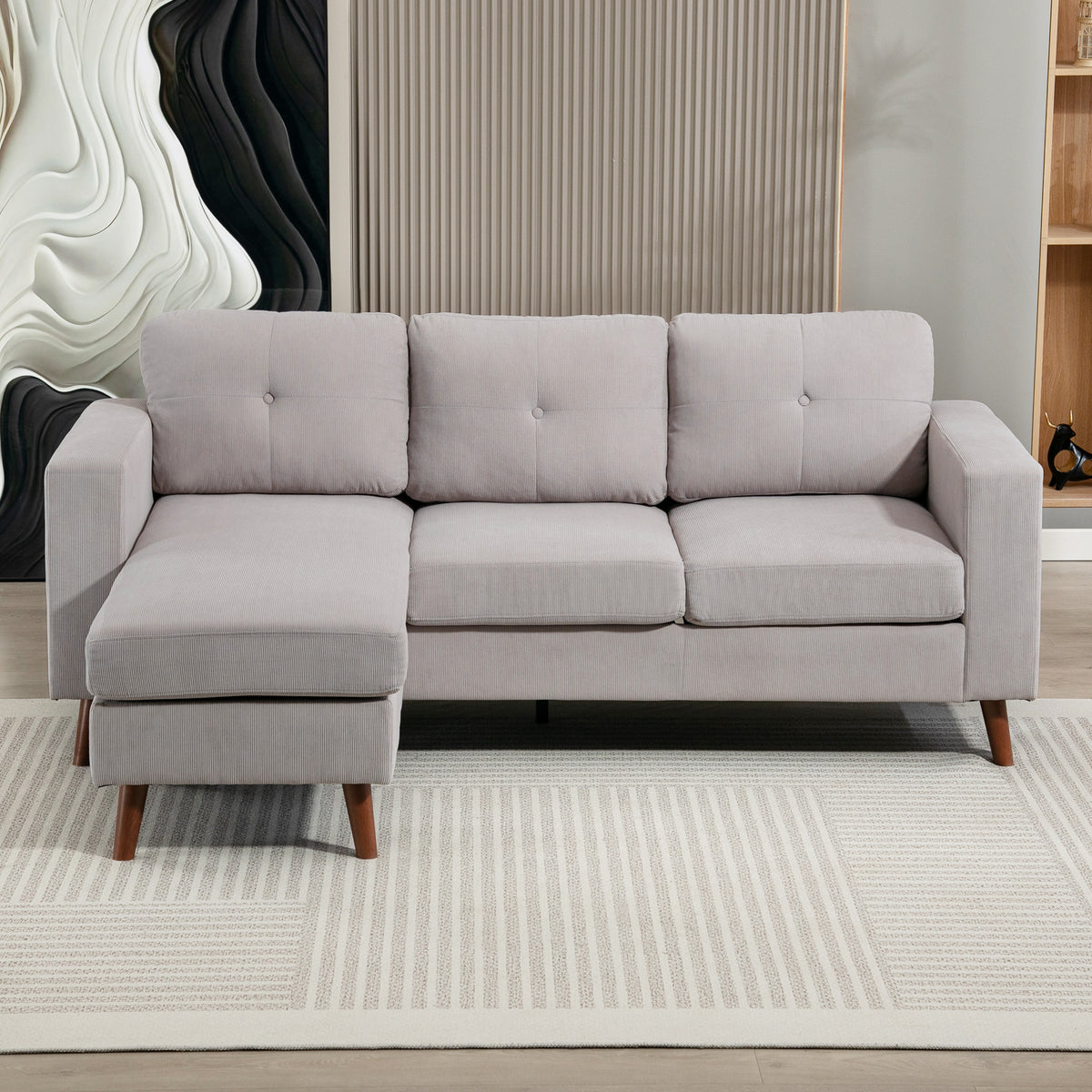 Canapé d'angle réversible en velours côtelé, canapé 3 places avec méridienne, cadre en acier, 192x137x84cm, gris clair-6