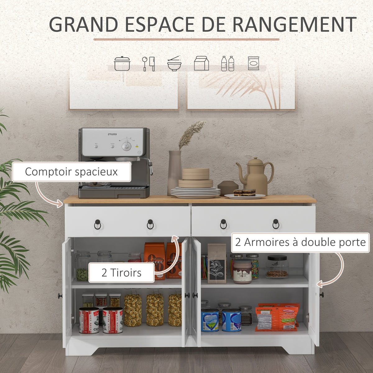 Buffet meuble de rangement armoire de cuisine style rural 2 tiroirs et 2 placards étagères à hauteurs réglables blanc-3
