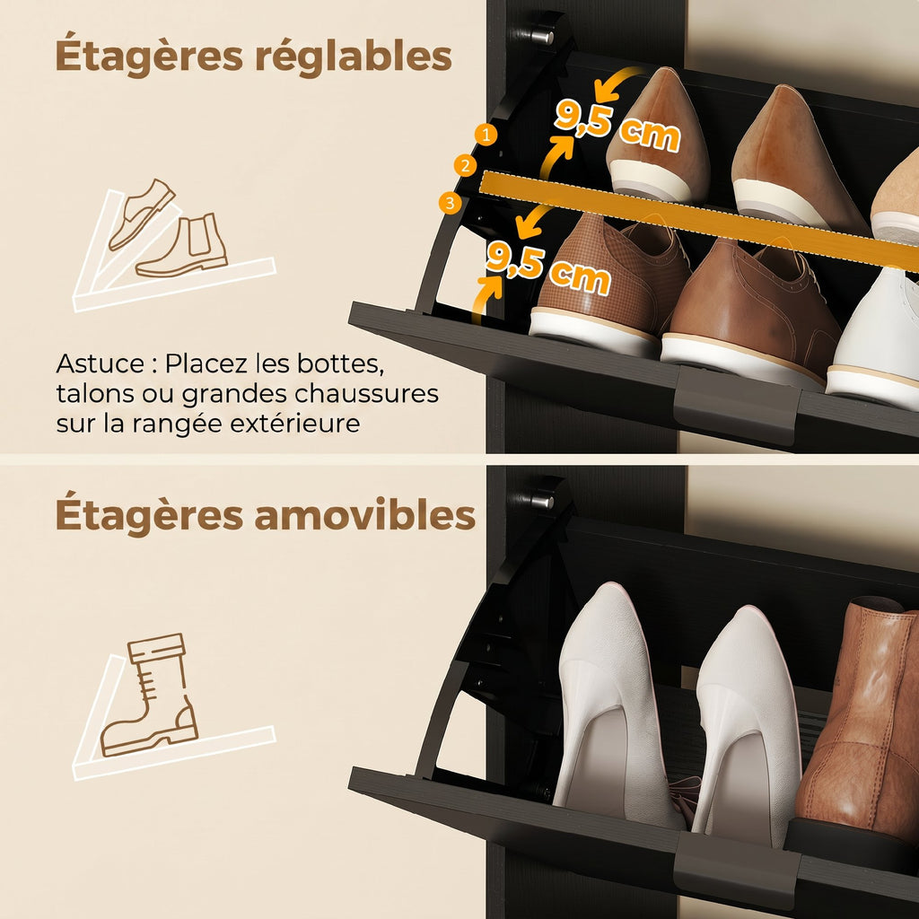 Meuble à chaussures 16 paires armoire à chaussures 4 tiroirs rabattables 2 portes en miroir étagères réglables noir-5