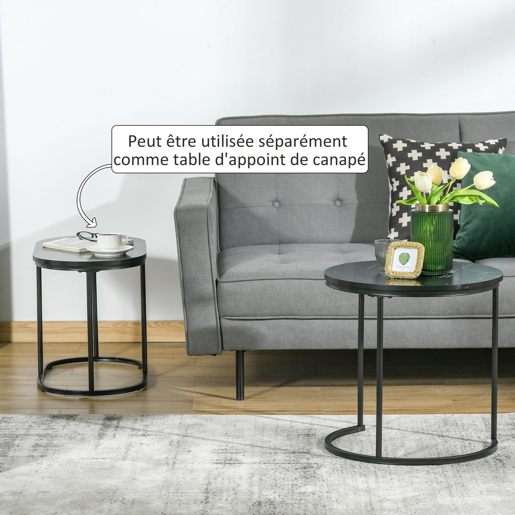 Lot de 2 tables basses tables d'appoint gigognes en acier et plateau MDF aspect marbre - table ronde et ovale - noir-6