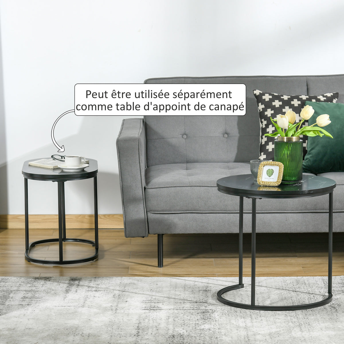 Lot de 2 tables basses tables d'appoint gigognes en acier et plateau MDF aspect marbre - table ronde et ovale - noir-6