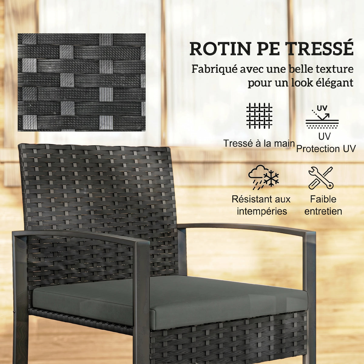 Salon de jardin extérieur en résine tressée 2 personnes, table de jardin avec 2 chaises, plateau en verre trempé, noir-4
