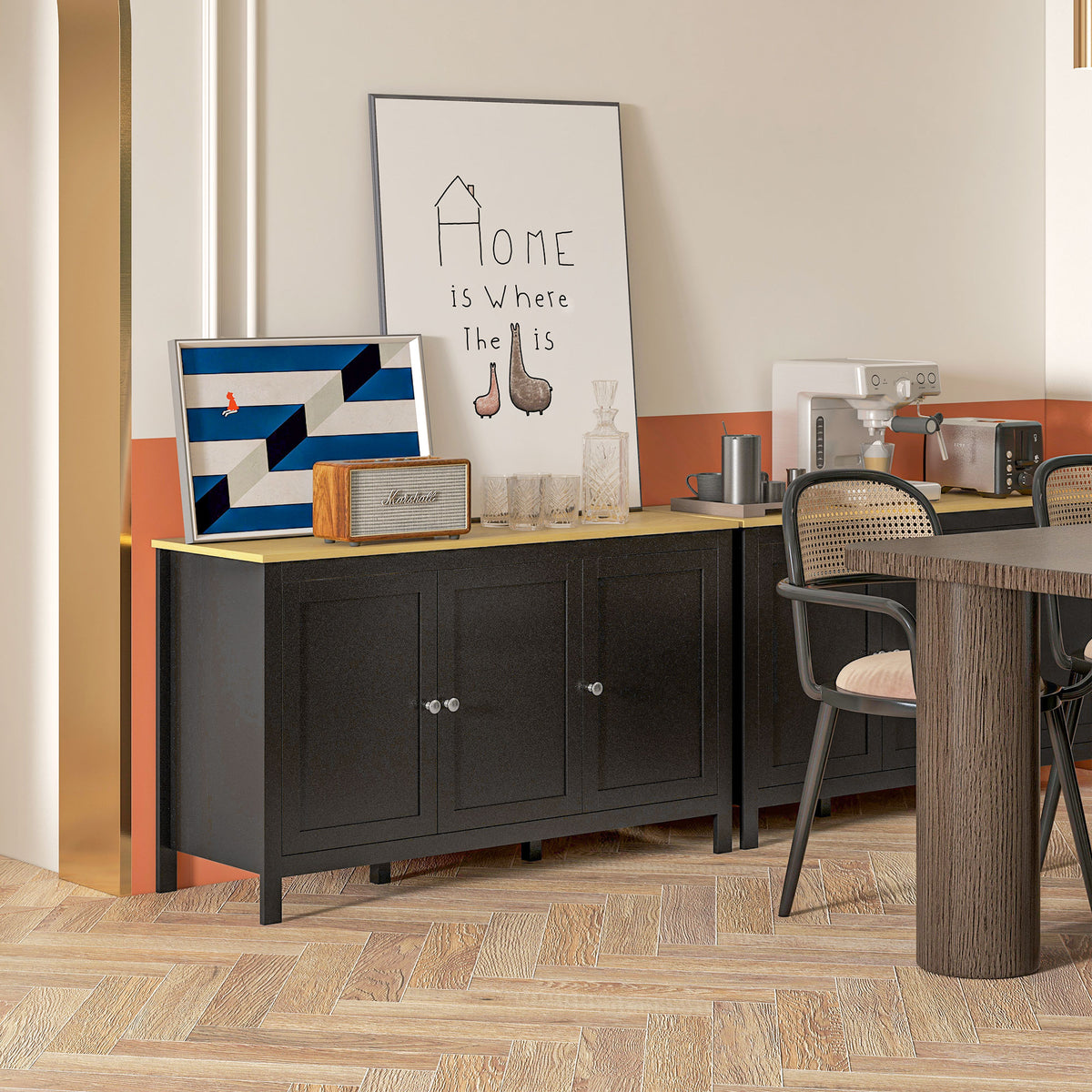 Buffet meuble de rangement avec 3 portes 2 étagères réglables plateau aspect bois clair 120 x 40 x 70 cm noir-1