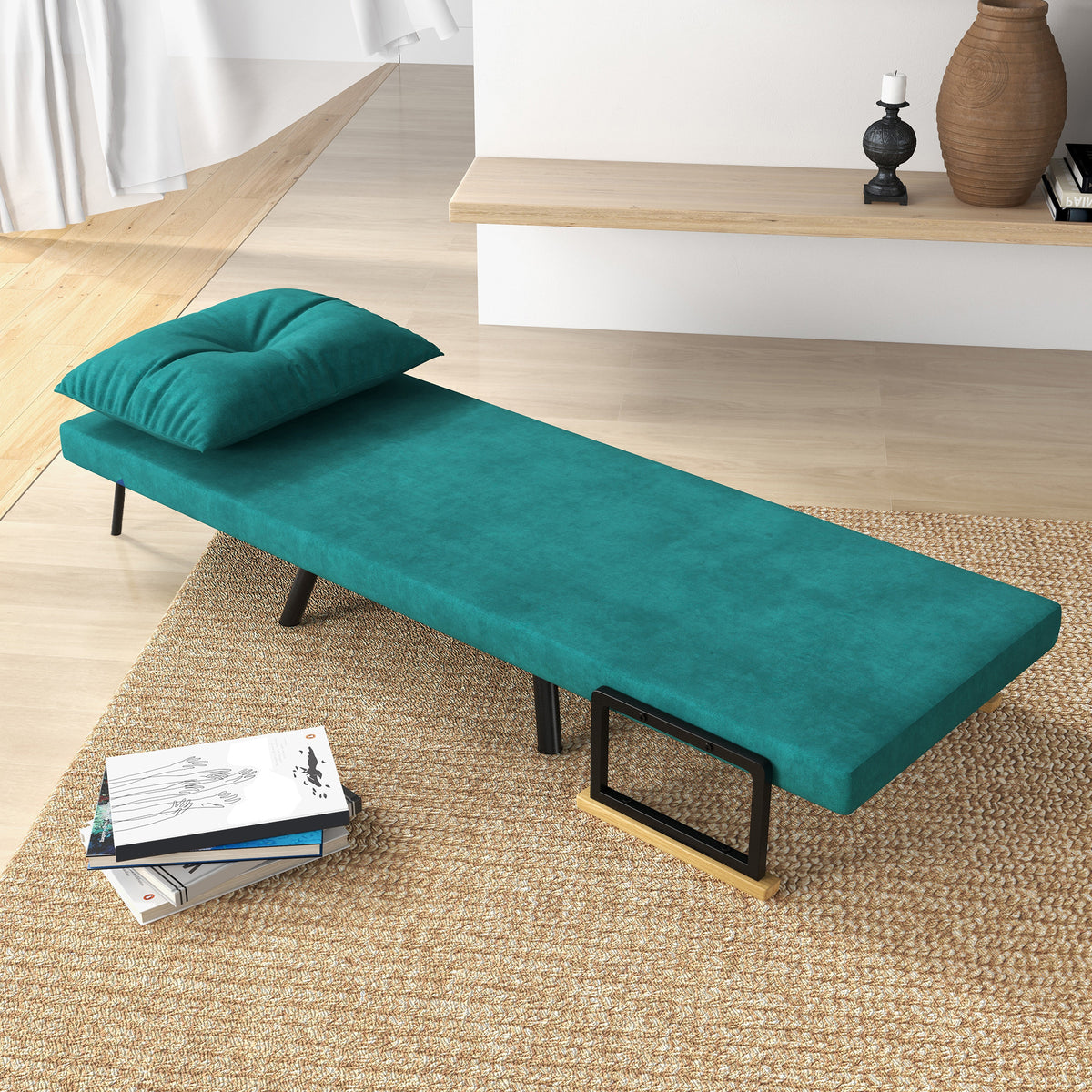 Fauteuil convertible 1 place fauteuil-lit chauffeuse 3 en 1 dossier réglable oreiller tissu velours 63x73x81cm vert-7