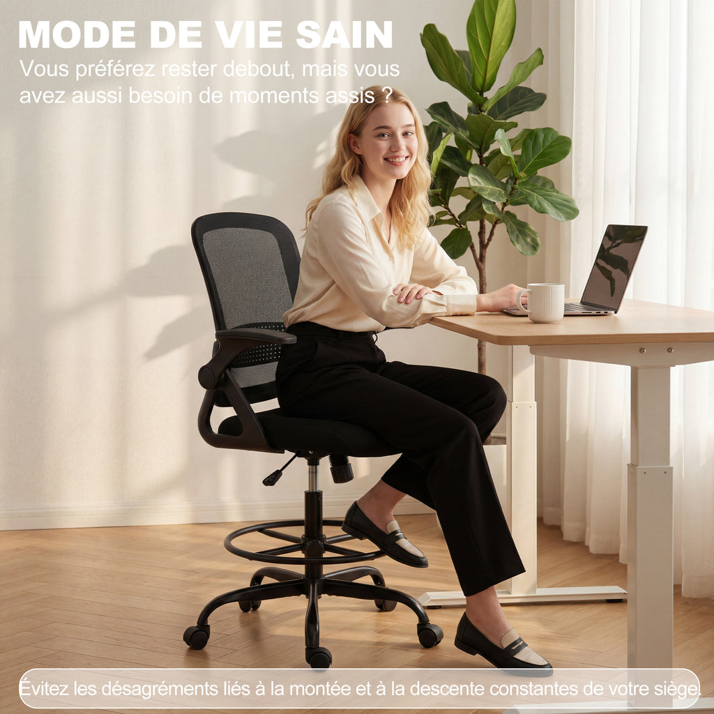 Chaise de bureau en maille, chaise d'ordinateur avec accoudoirs rabattables, hauteur réglable, repose-pieds, noir-3