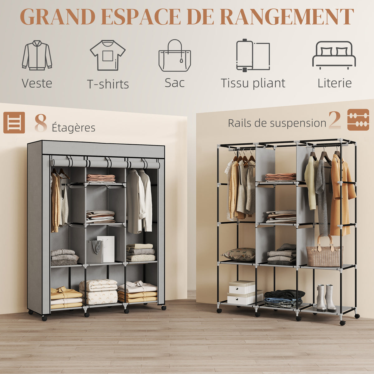 Armoire penderie multi-rangement - 8 étagères, 2 barres - non tissé gris-3
