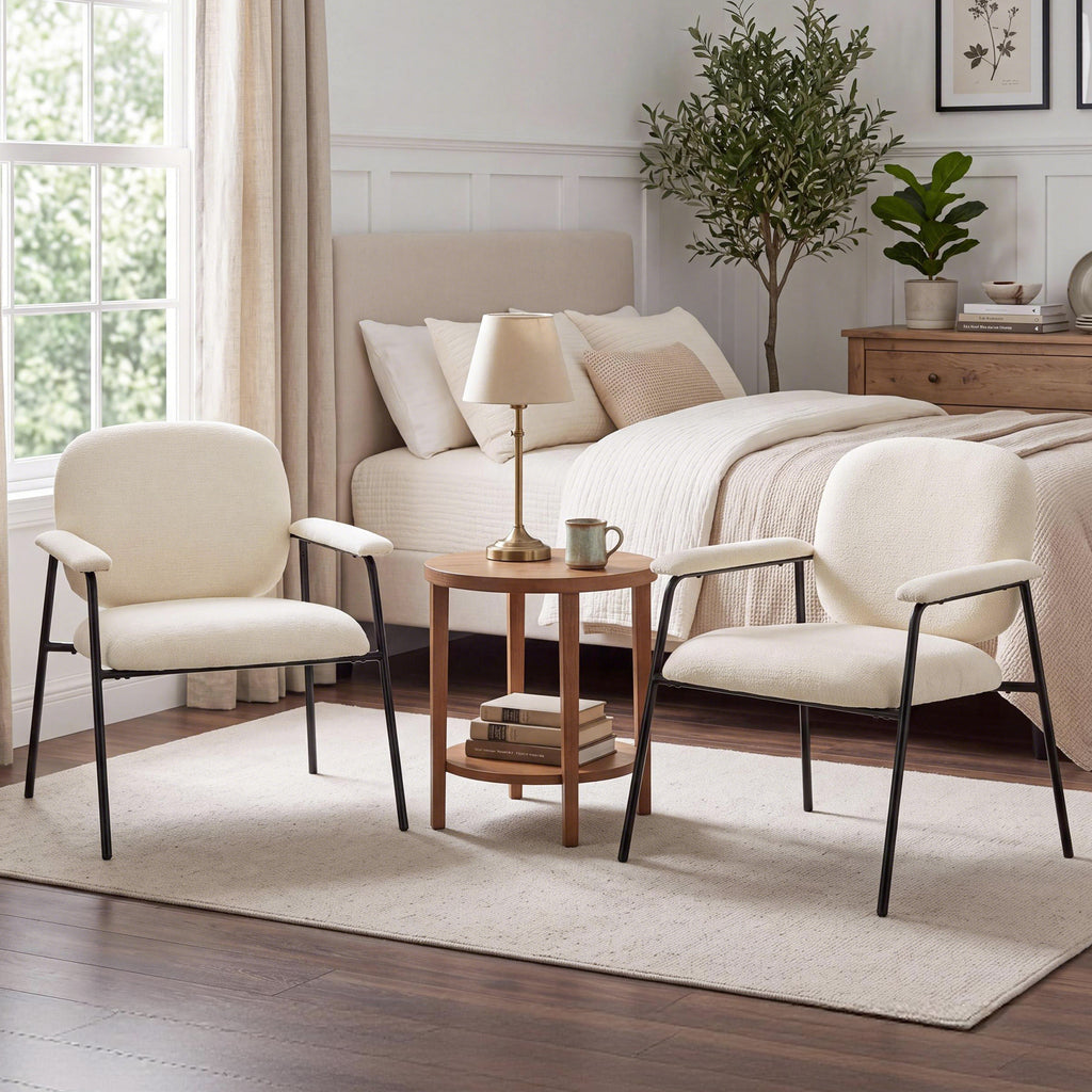 Lot de 2 Fauteuils Salon, Fauteuils d'Appoint en Chenille avec Dossier Profilé, Accoudoirs Rembourrés, Crème-1