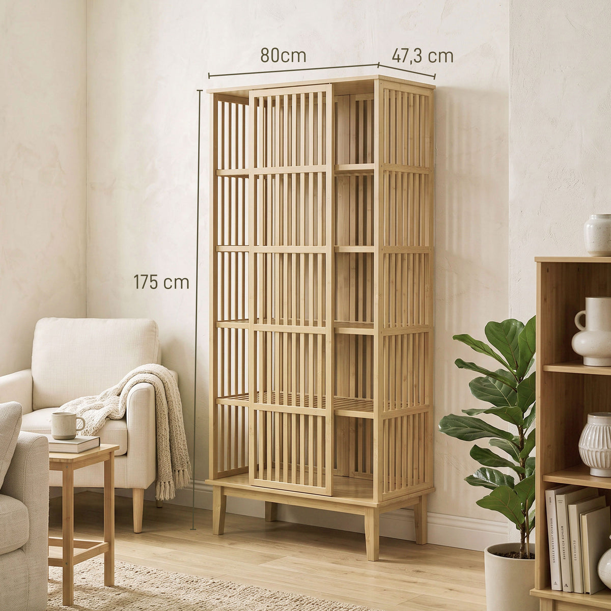 Armoire Chambre Penderie en Bambou 5 Niveaux avec Porte Coulissante, Design Aéré à Lattes, Bois Naturel-2