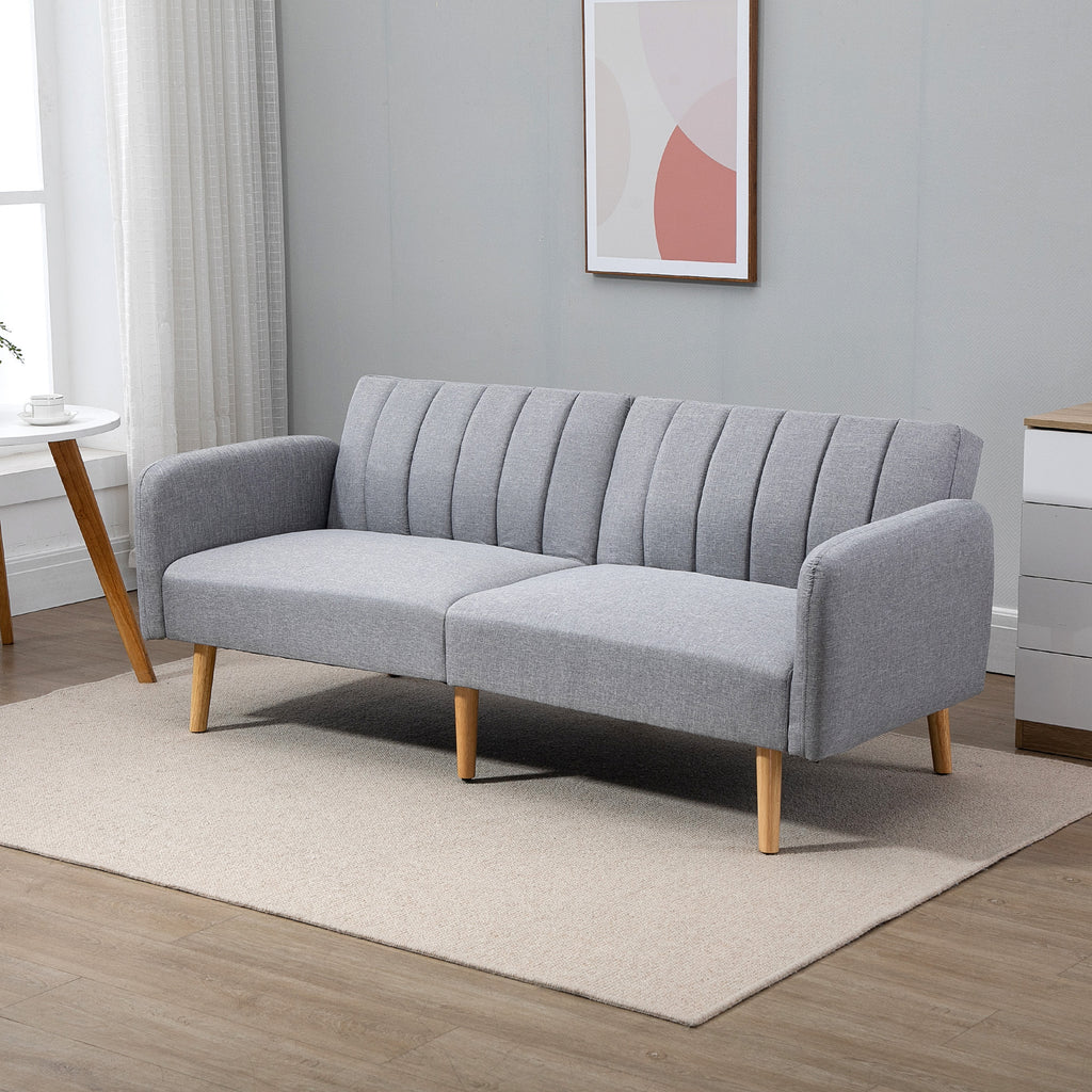 Canapé Convertible 2 Places Design scandinave Dossier inclinable 3 Positions Pieds Bois Tissu Aspect Lin Gris-1