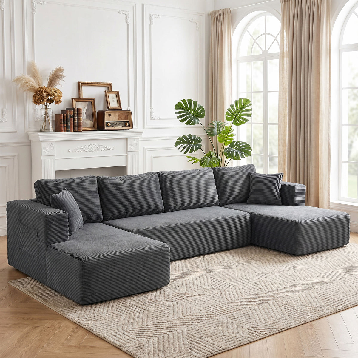 Canapé Modulaire en U 4 Places, 2 Méridiennes, Canapé 2 Places, 6 Coussins, Sans Montage, 369 x 152 x 78 cm, Gris-1