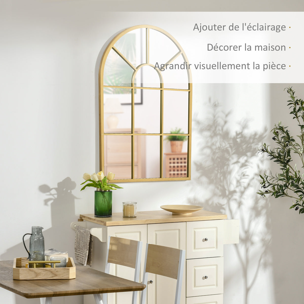Miroir mural en métal cadre doré en forme de voûtée – 70 x 50 cm – décoration pour entrée ,chambre à coucher, salon-3