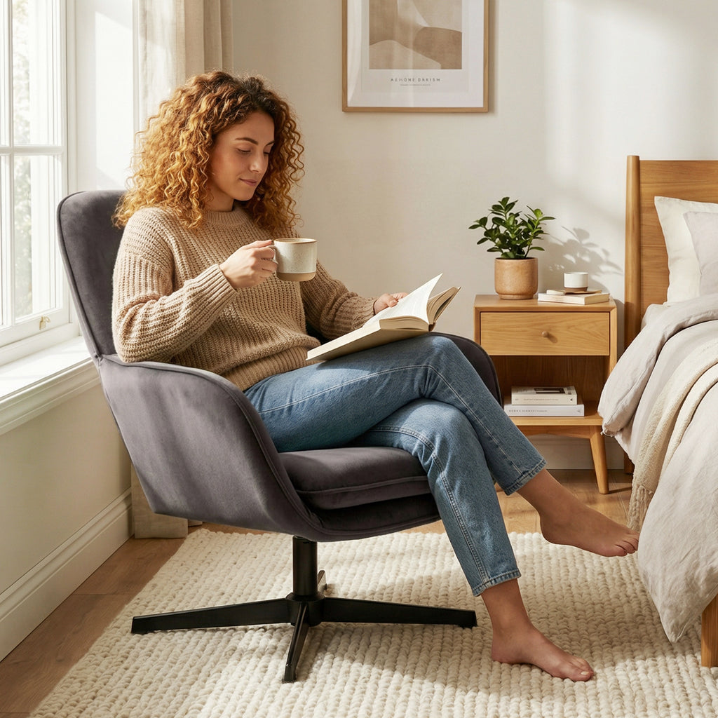 Fauteuil salon, fauteuil d'appoint rembourré en velours avec large assise, coussin et structure en métal, gris foncé-8