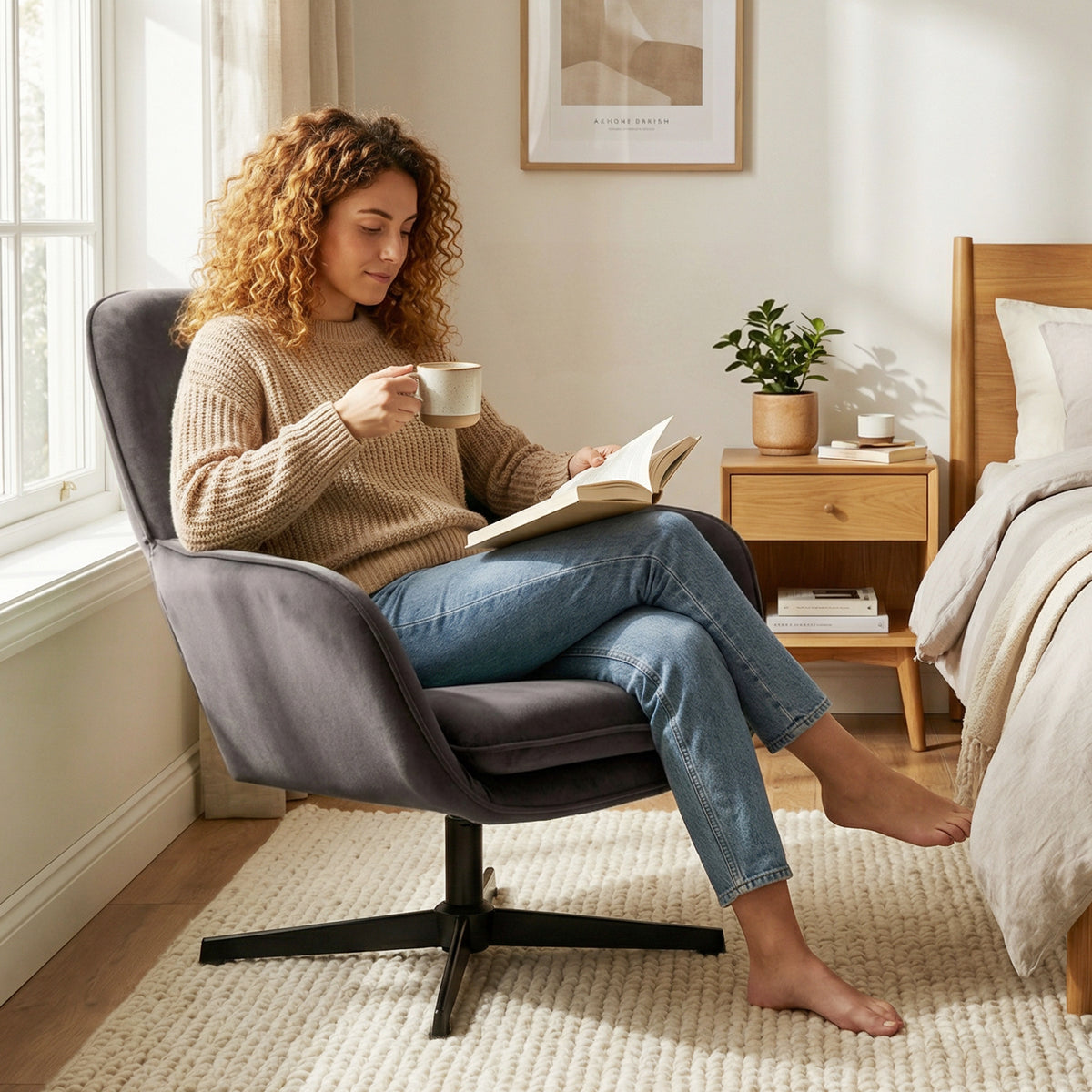 Fauteuil salon, fauteuil d'appoint rembourré en velours avec large assise, coussin et structure en métal, gris foncé-8