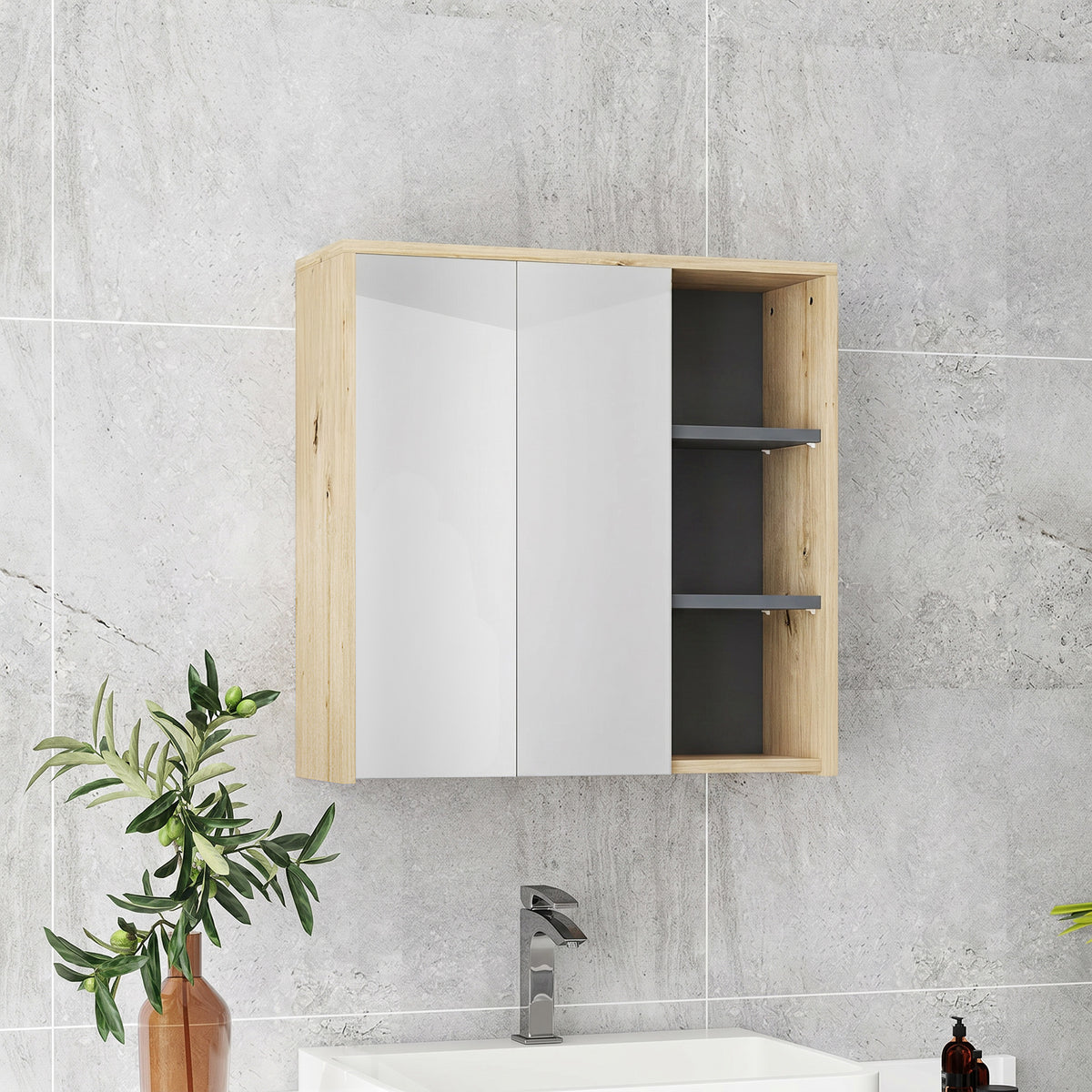 Armoire de salle de bain avec miroir armoire de toilette miroir mural 3 étagères ouverts 60 x 20 x 60 cm bois naturel-1