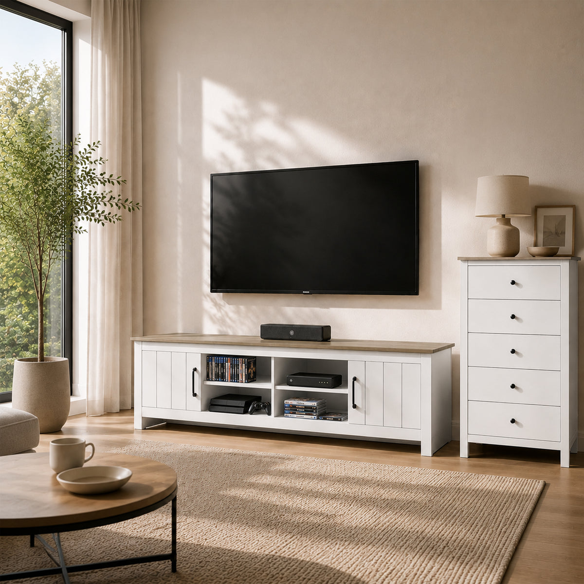 Meuble TV 175 cm, Meuble Télé pour Téléviseur jusqu'à 55 Pouces avec 2 Portes et 4 Compartiments Ouverts, Chêne et Blanc-9