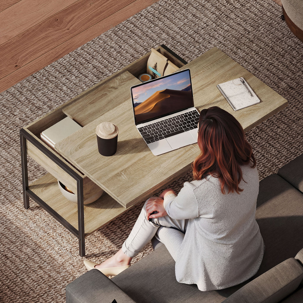 Table basse relevable et extensible, table de salon avec compartiment caché étagères ouvertes, 98x49x55cm, bois naturel-7