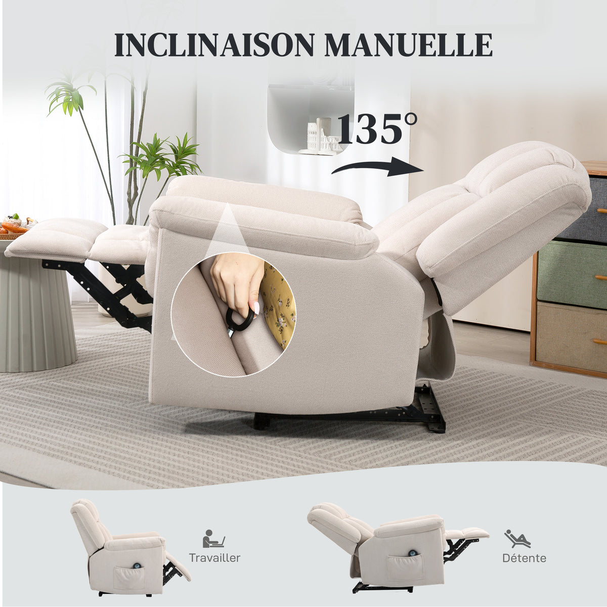 Fauteuil relax massant et chauffant, fauteuil inclinable, dossier réglable manuellement, 85x91x104cm, beige-4
