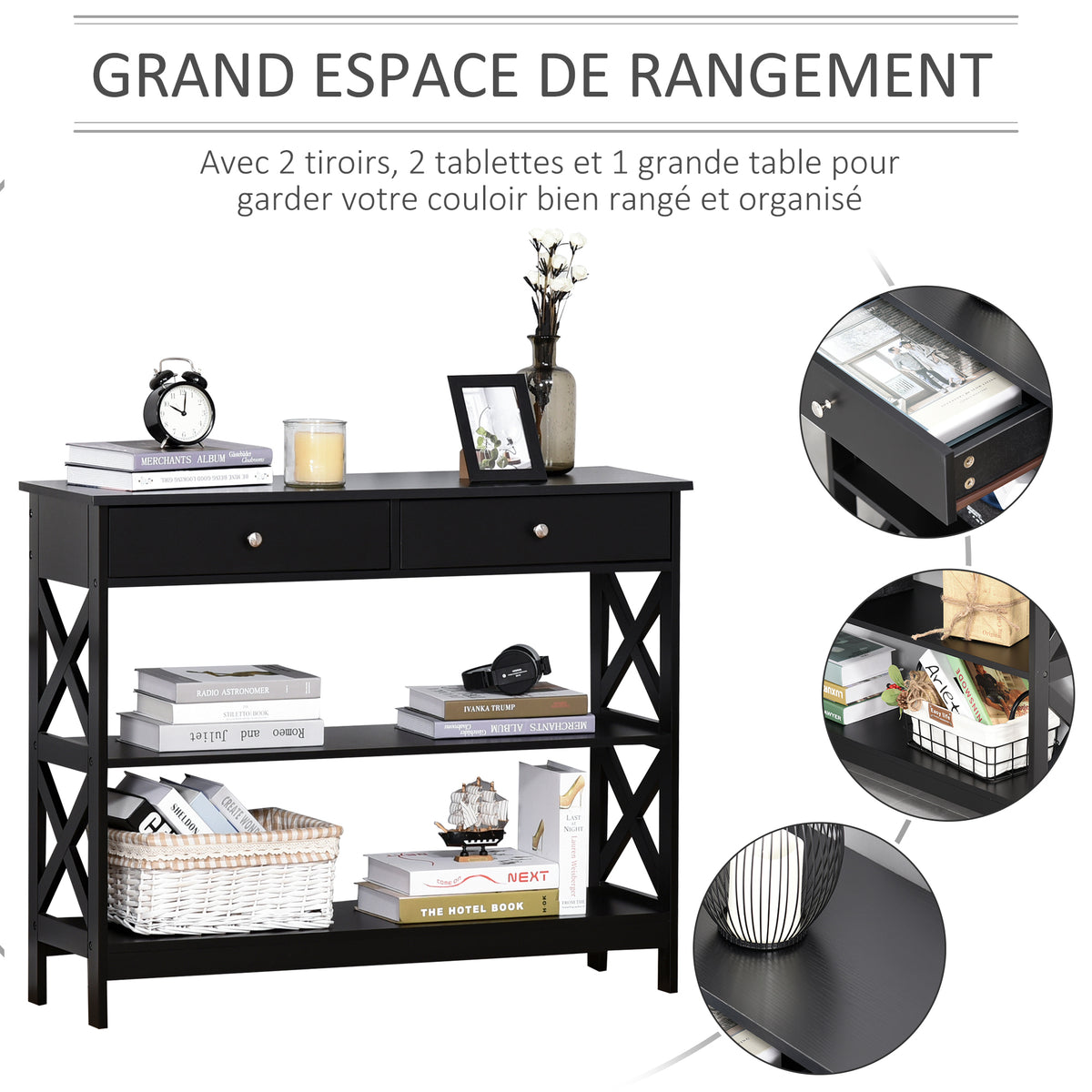 Table de console table d'entrée style table de drapier néo-rétro 2 tiroirs 2 étagères dim. 100L x 30,5l x 80H cm en bois noir-3