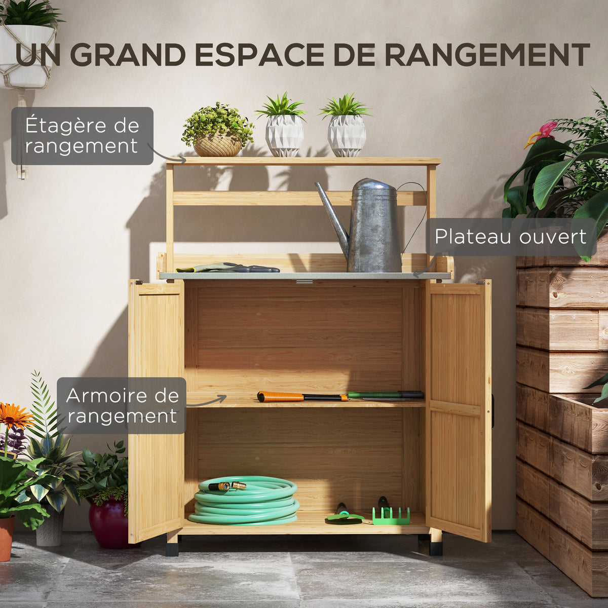 Table de rempotage table de jardinage avec placard et étagères et plateau patins antidérapants en bois sapin jaune-4