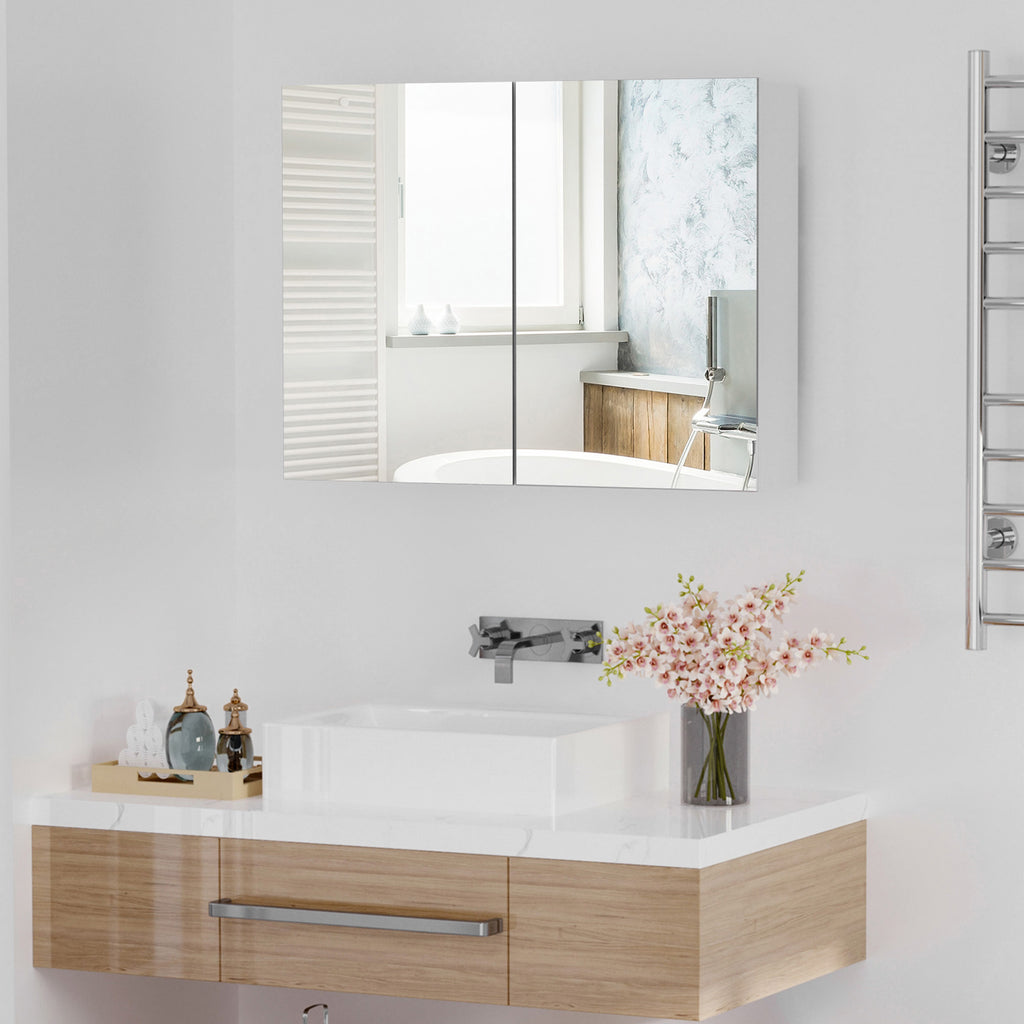 Armoire murale salle de bain avec miroir, 80 x 15 x 60 cm, meuble salle de bain, armoire de toilette avec double portes et étagères réglables, blanc-1