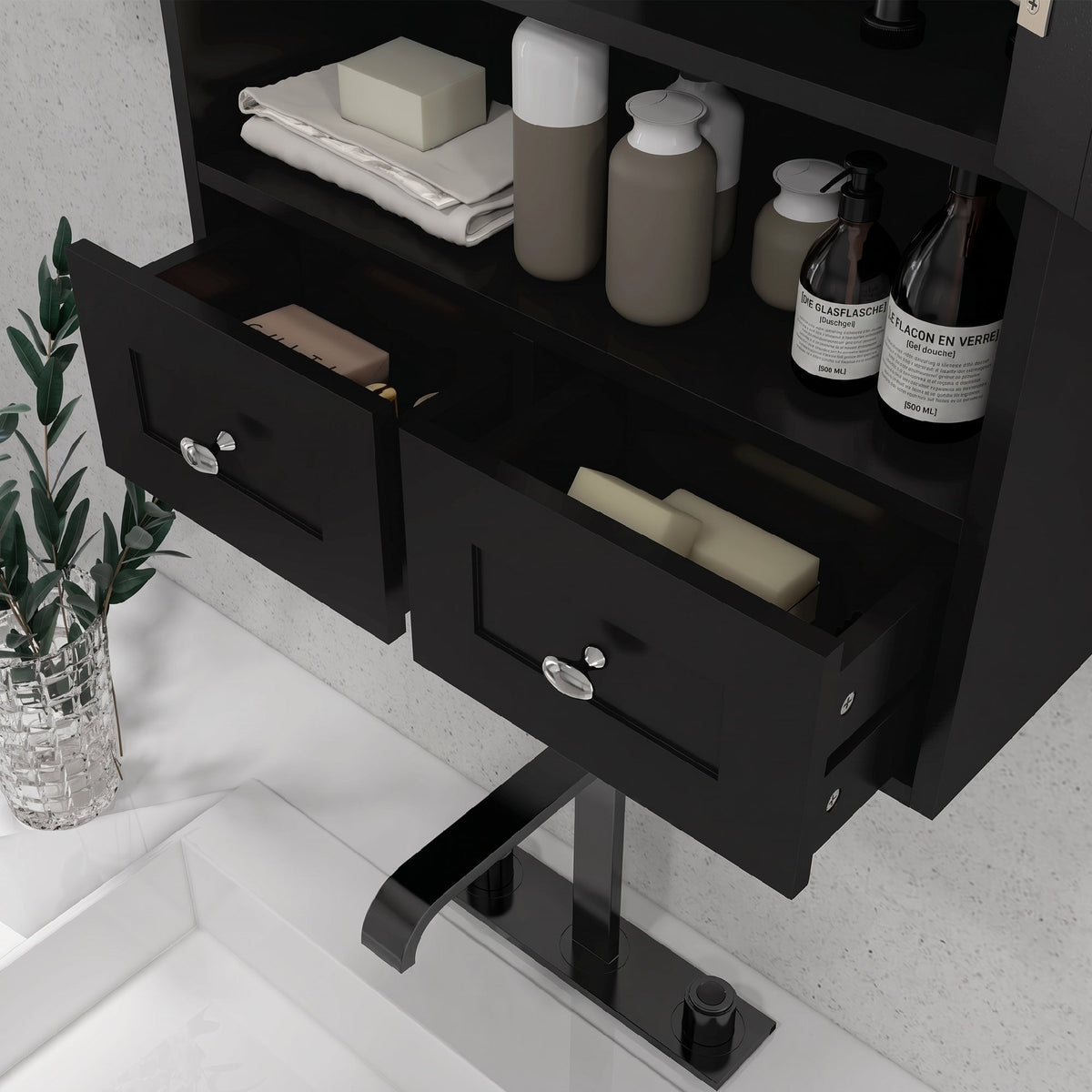 Armoire murale de salle de bain, armoire de toilette, avec portes, étagère, 2 tiroirs, 50,8l x 17,8P x 66H cm, noir-6