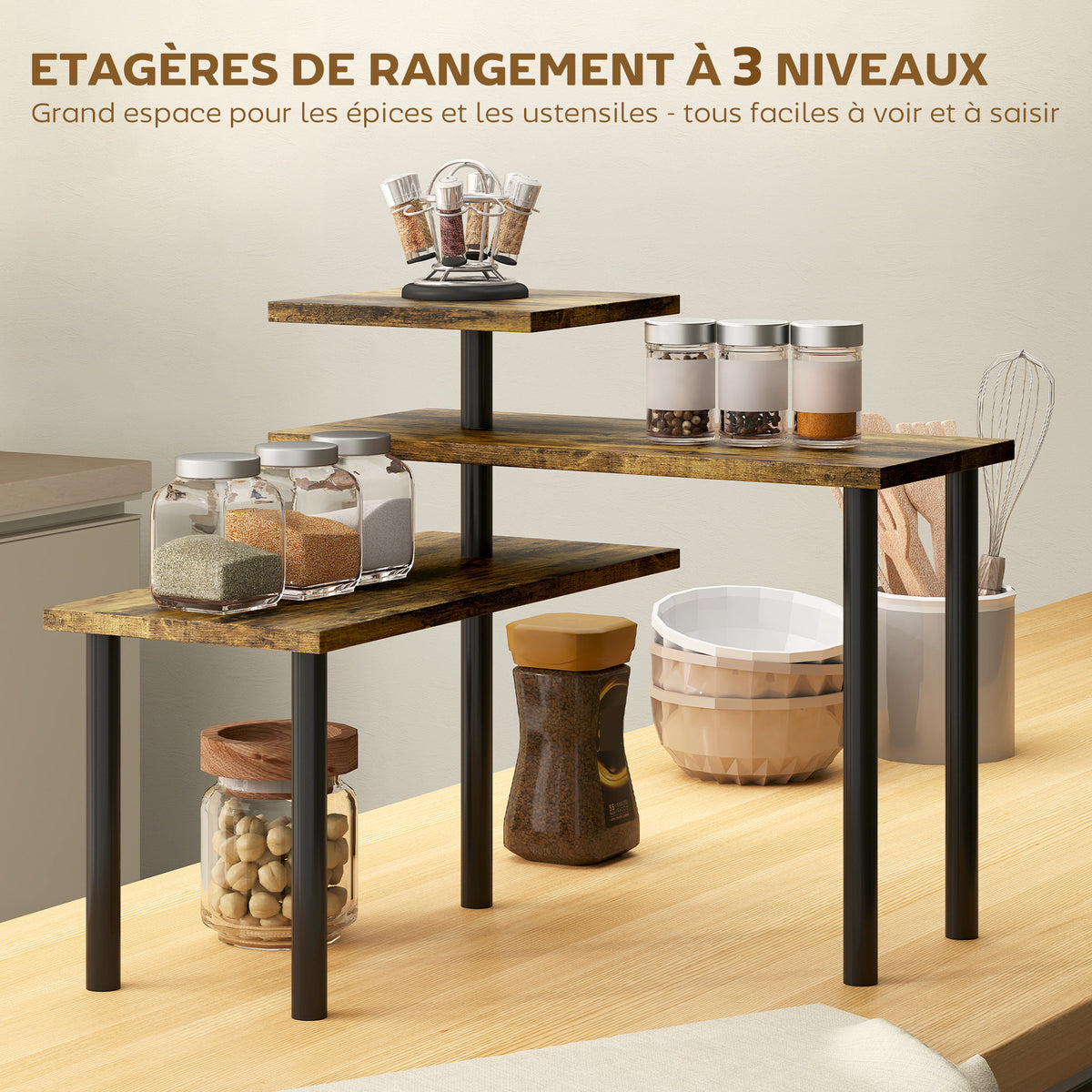 Étagère de cuisine rotative à 3 niveaux, étagère d'angle, cadre en métal, 40 x 18 x 36,5 cm, brun rustique-3