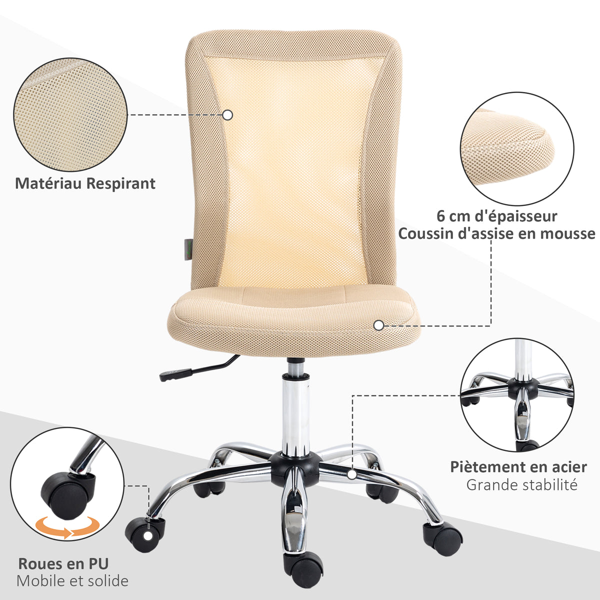 Chaise de bureau ergonomique hauteur réglable piètement chromé pivotant 360° revêtement maille beige-3