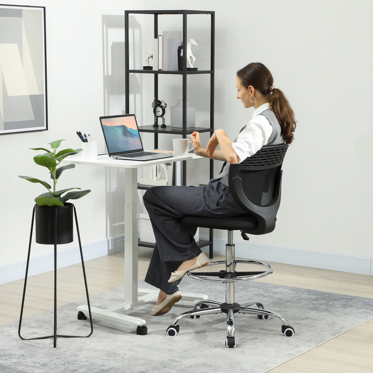 Chaise de bureau ergonomique en maille, chaise de dessin, hauteur et repose-pieds réglable, 59 x 59 x 106-126 cm, noir-1