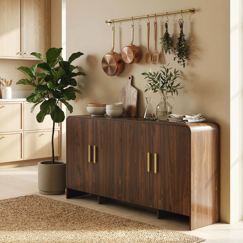 Buffet cuisine, meuble de rangement avec 4 portes à fermeture douce, 4 compartiments et bords arrondis, 152x40x80cm, noyer-8