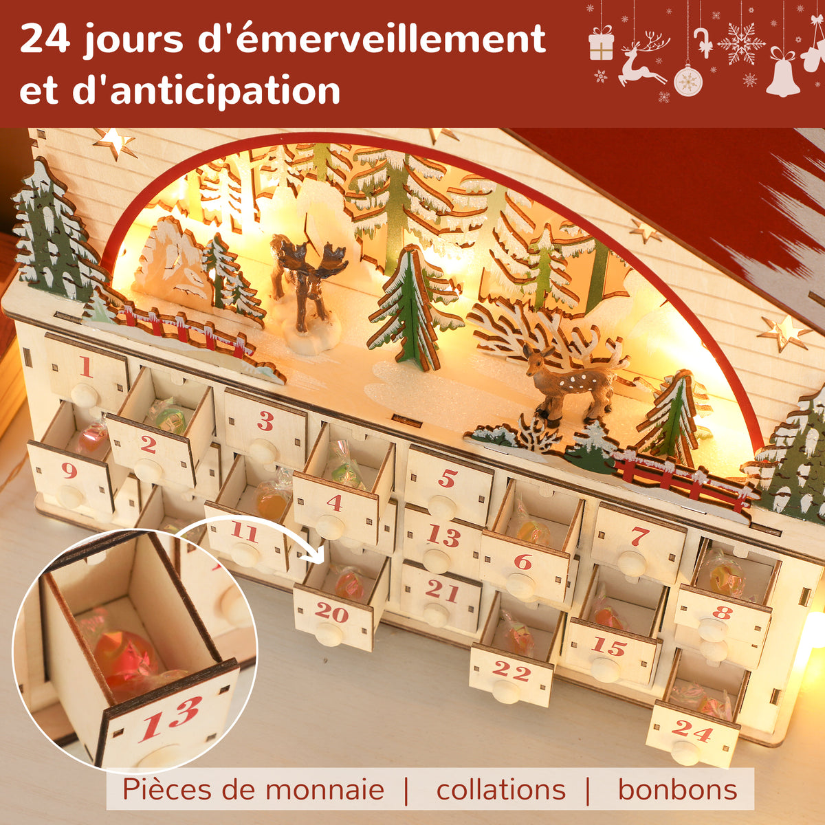 Calendario dell’Avvento di Natale con villaggio in legno, 24 cassetti e 15 LED