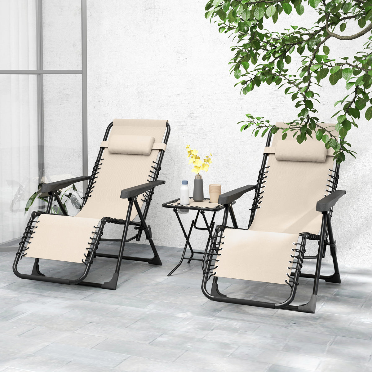 Lot de 2 chaise longue pliable et inclinable avec table d'appoint, porte-gobelets et appuie-têtes, charge 120 kg, beige-9