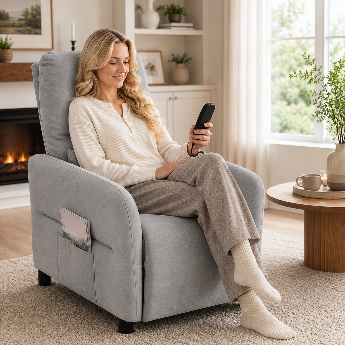 Fauteuil Inclinable de Massage par Vibration et Chauffage, Fauteuil de Relaxation en Tissu Éponge Bouclé, Gris-8