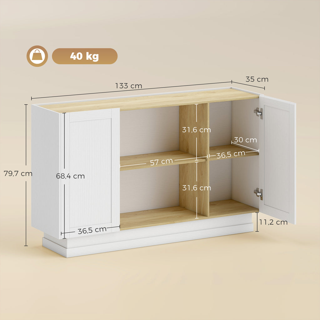 Buffet Cuisine, Meuble de Rangement avec 2 Portes et 2 Étagères Ouvertes, 133 x 35 x 79,7 cm, Bois Naturel et Blanc-2