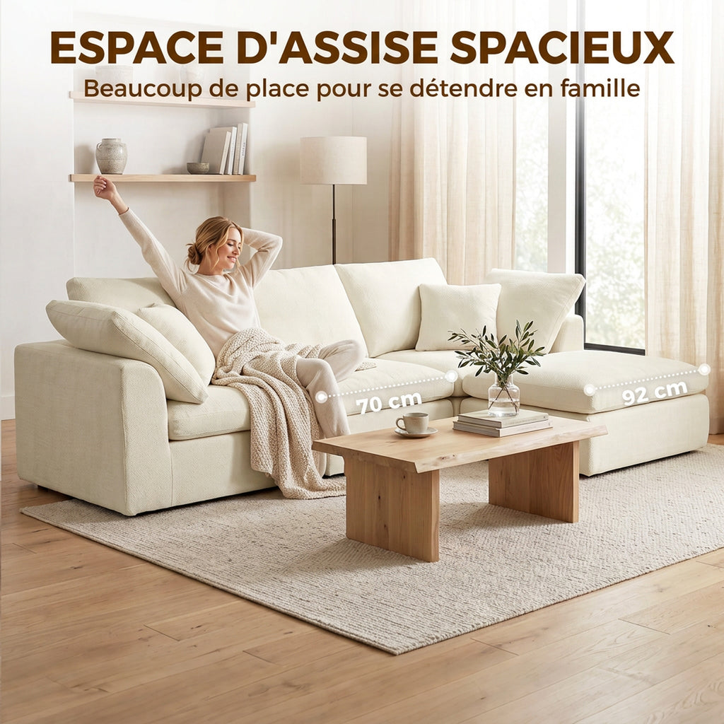 Canapé 3 Places avec Pouf Réversible, Canapé d'Angle Modulable en Chenille 254 cm Moderne, Assise Large, Crème-5