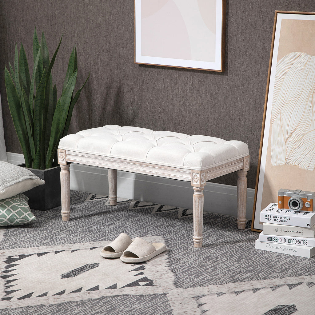 Banc Banquette classique capitonné 80cm bout de lit Rembourrée en lin - bois d'hévéa sculpté, patiné - Crème-8