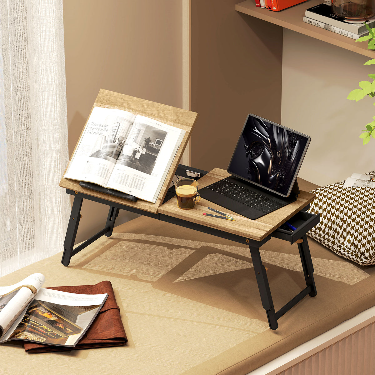 Table de lit pliable et réglable, plateau de lit pour ordinateur portable en bambou - plateau inclinable, tiroir, chêne-1