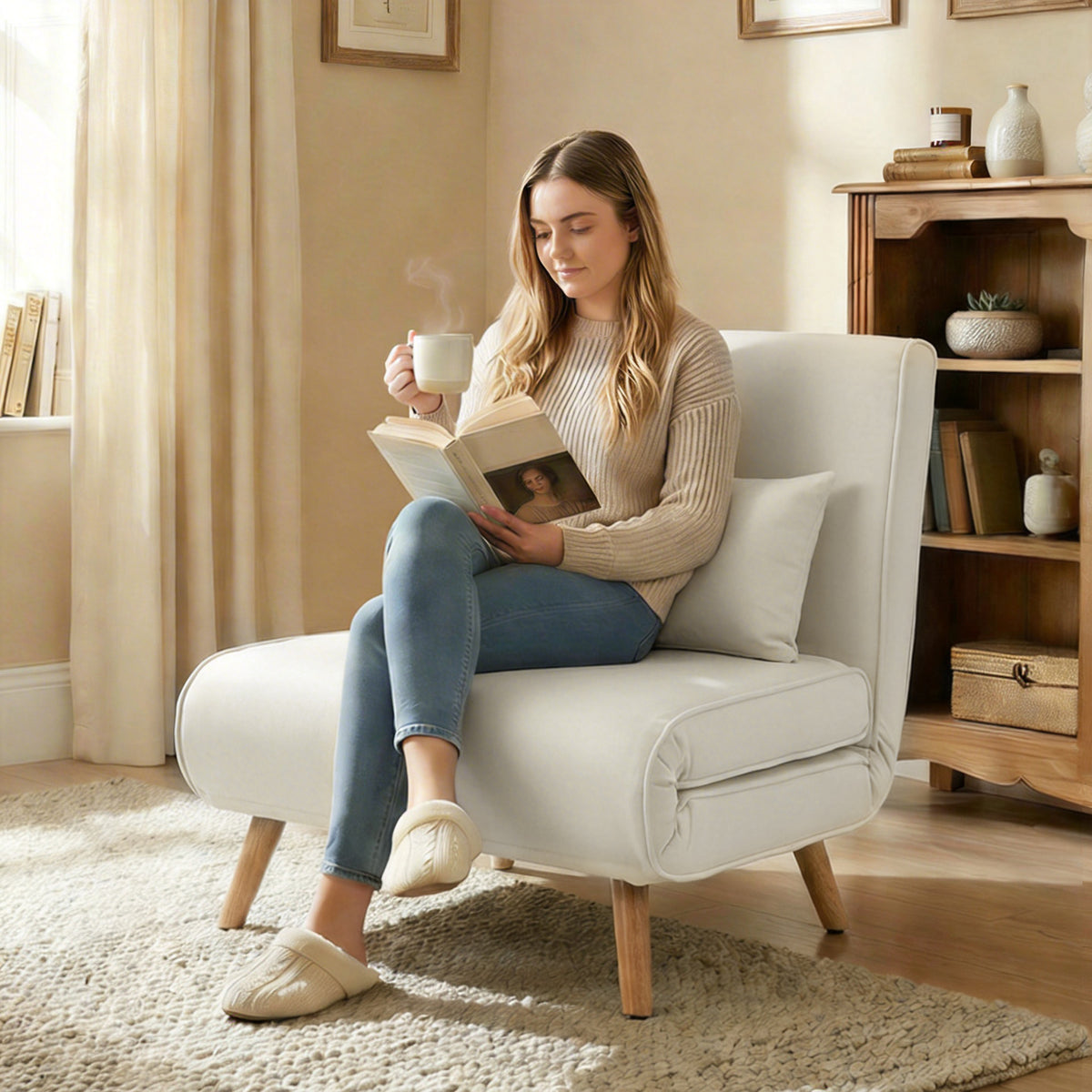 Fauteuil chauffeuse convertible 3 en 1 lit fauteuil lit 1 place dossier 5 positions en tissu avec coussin, crème-7