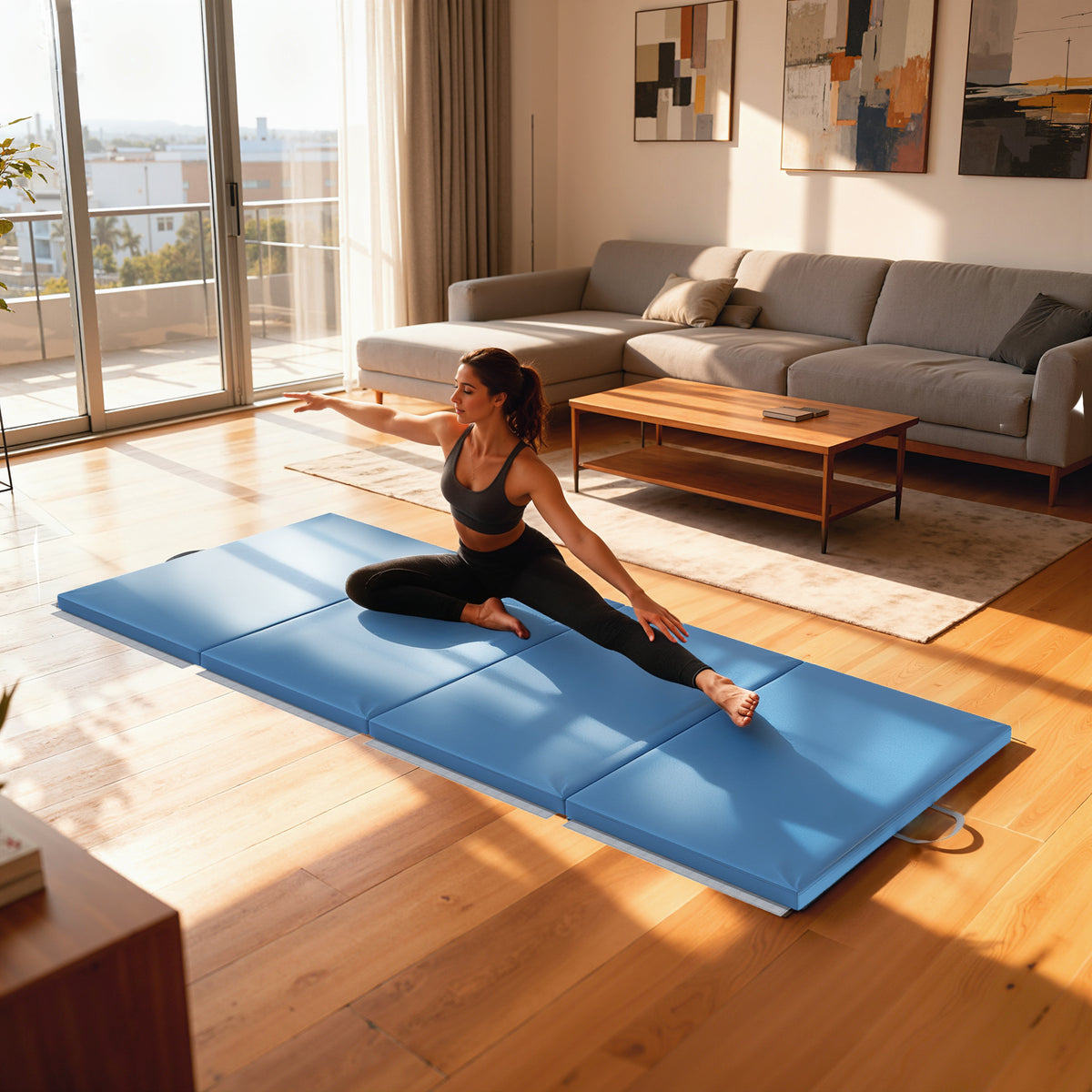 Tapis de gymnastique yoga pilates fitness pliable en 4 avec poignées revêtement synthétique 240 x 120 x 5 cm bleu clair-7